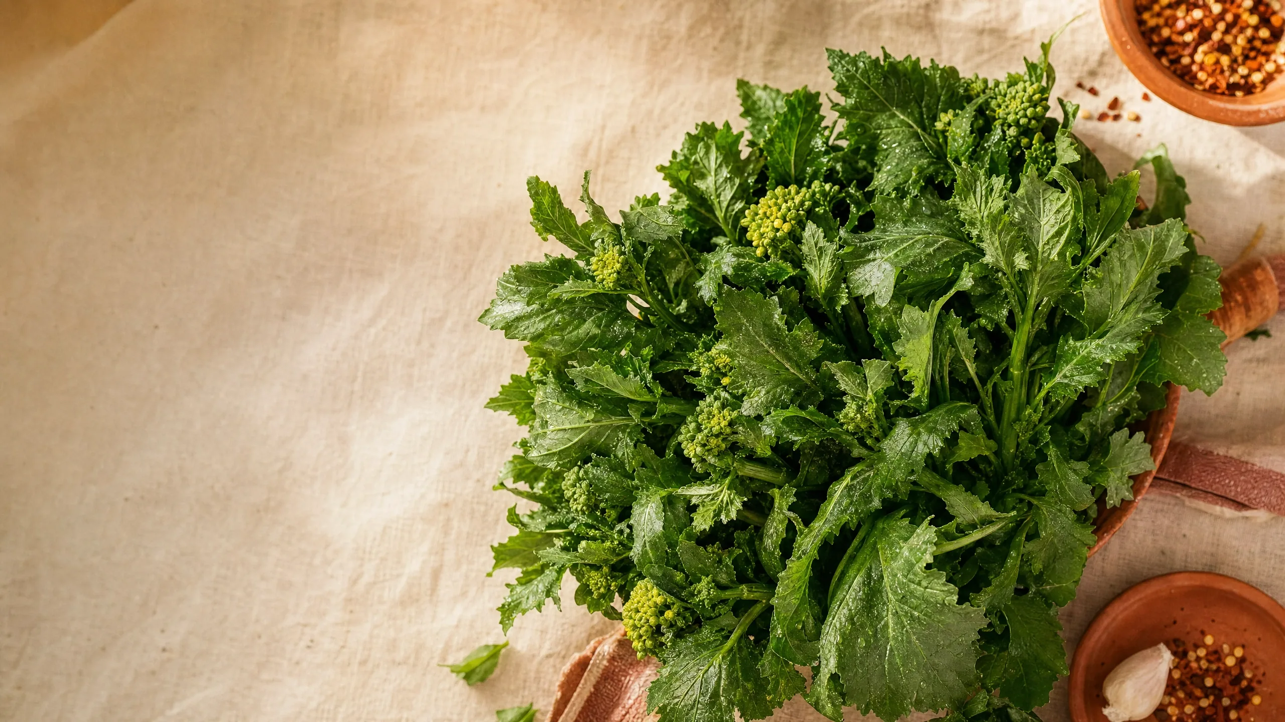 Cime di rapa fresche di stagione su fondo naturale